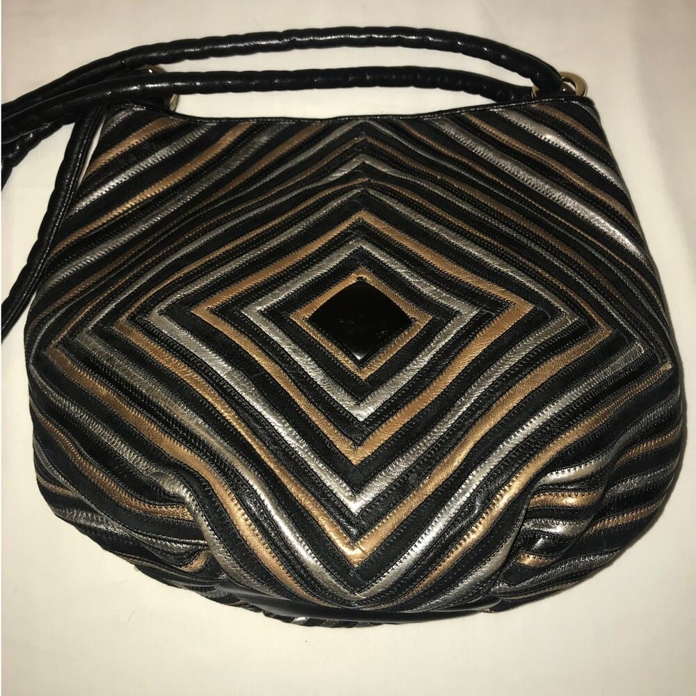 Vintage Sharif  Black with Geometric Silver & Gold Leather Bag